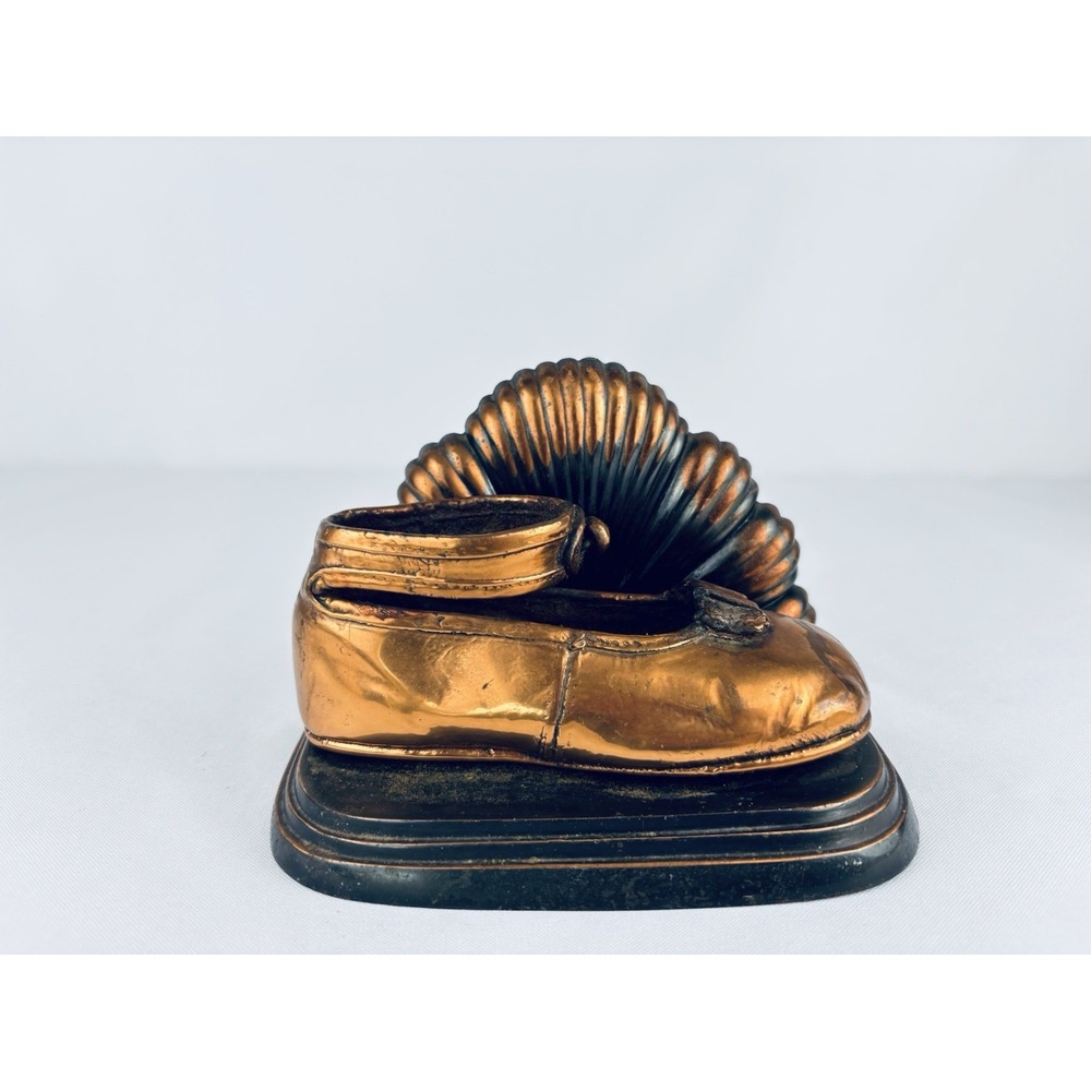MCM Vintage Bronzed Plated Baby Shoe Statue Desk Paperweight Shell Fan Decor